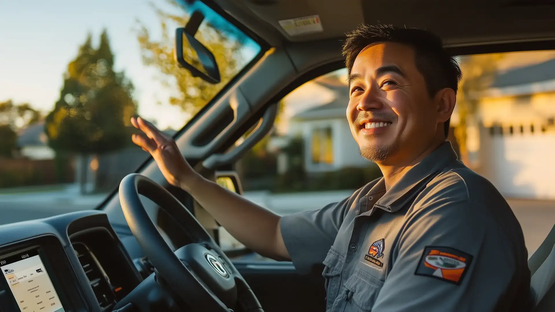 Technician using the CRM on the truck's smart screen through Android Auto as a homeowner walks up smiling
