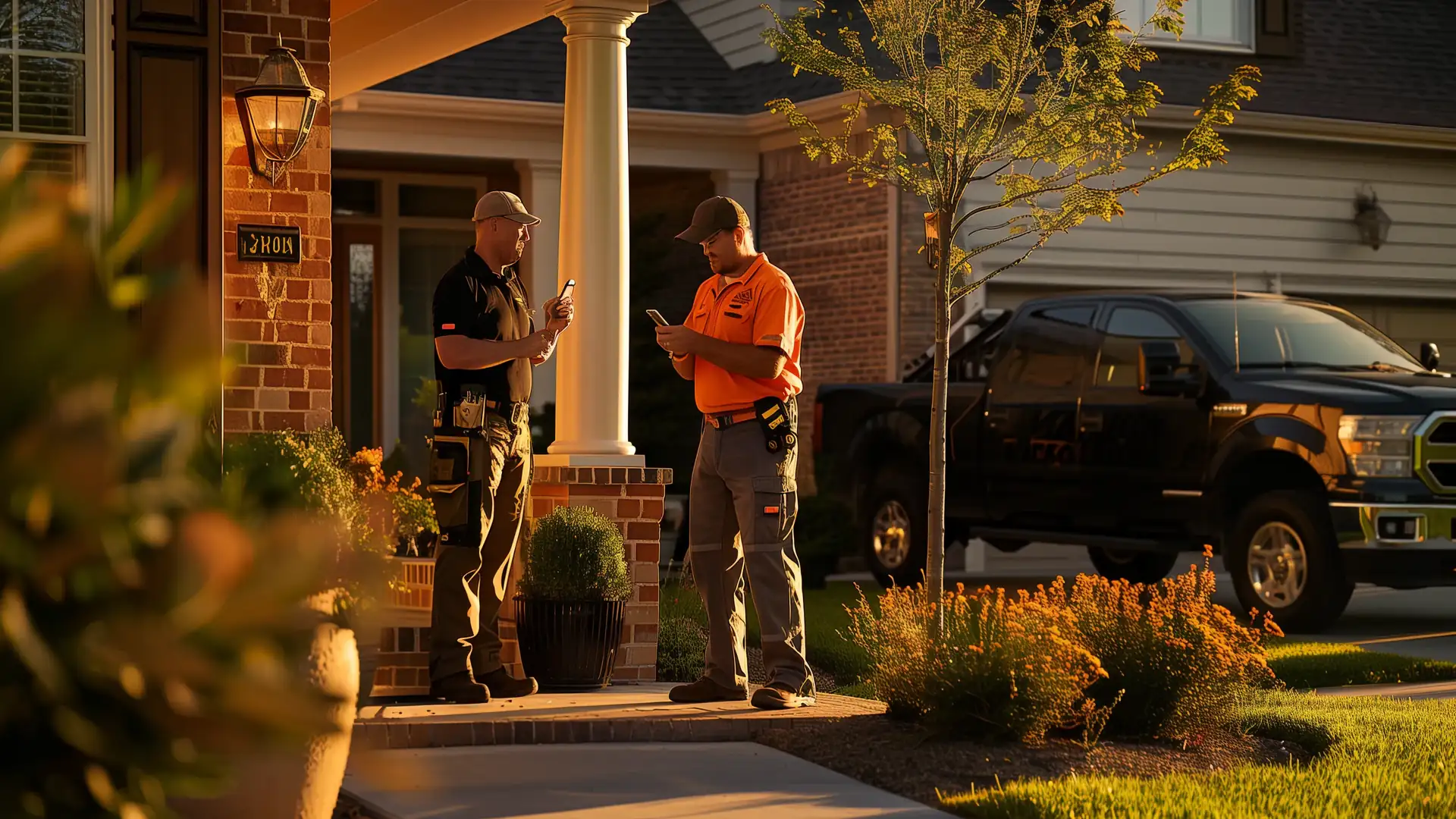 Homeowner on a front porch leaving a five-star review on a phone