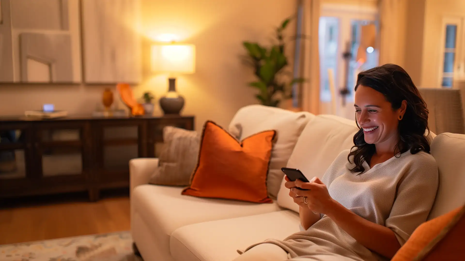 Homeowner on a couch checking a price range for a home repair on a phone