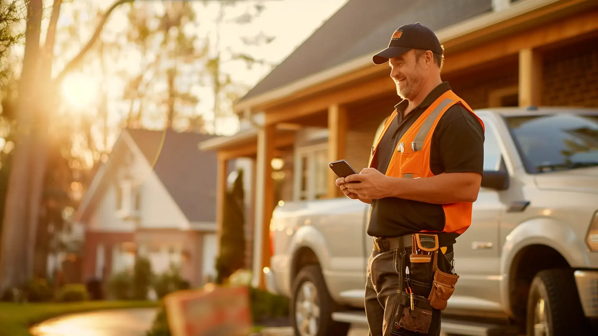 Contractor beside his truck checking a paid invoice on a phone while the homeowner waves from the porch