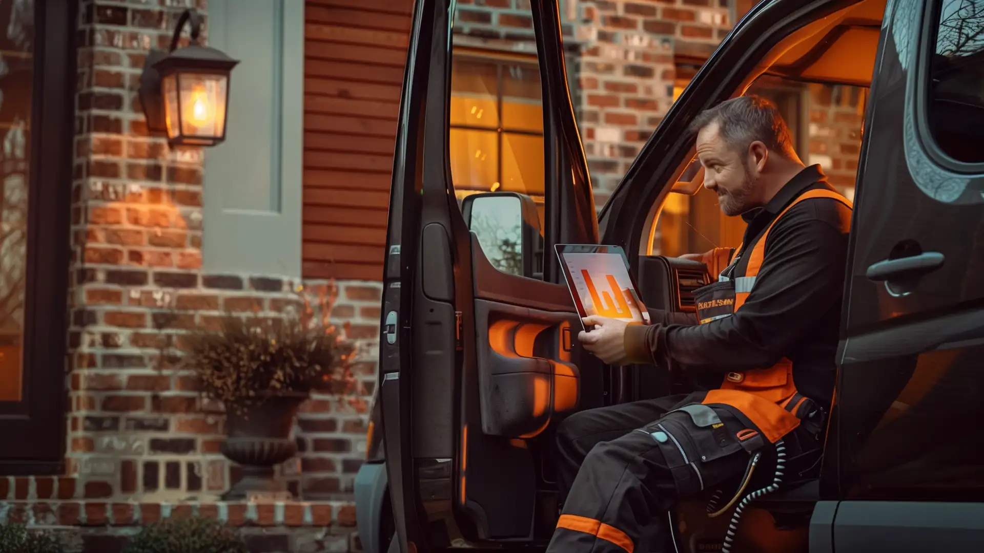 Contractor in his truck's open door reviewing a tablet report that links one ad to a paid job