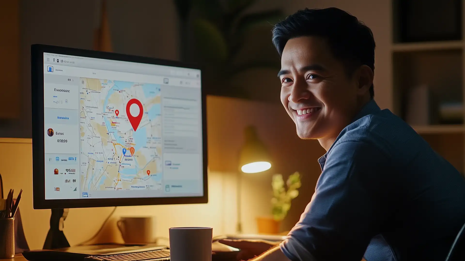 Contractor at his home desk smiling at his business's map listing on his screen