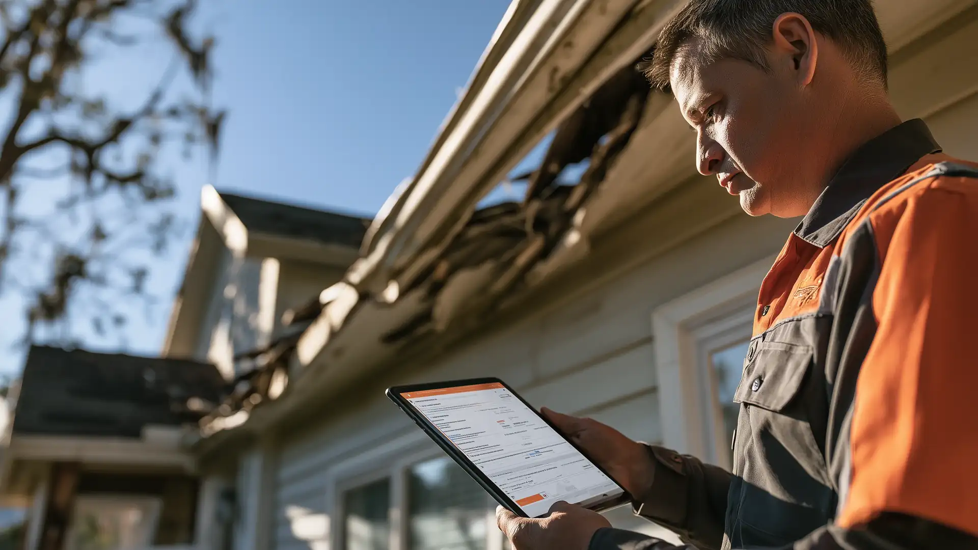 Roofing contractor inspecting a storm-damaged roof edge while reviewing a claim quote on a tablet