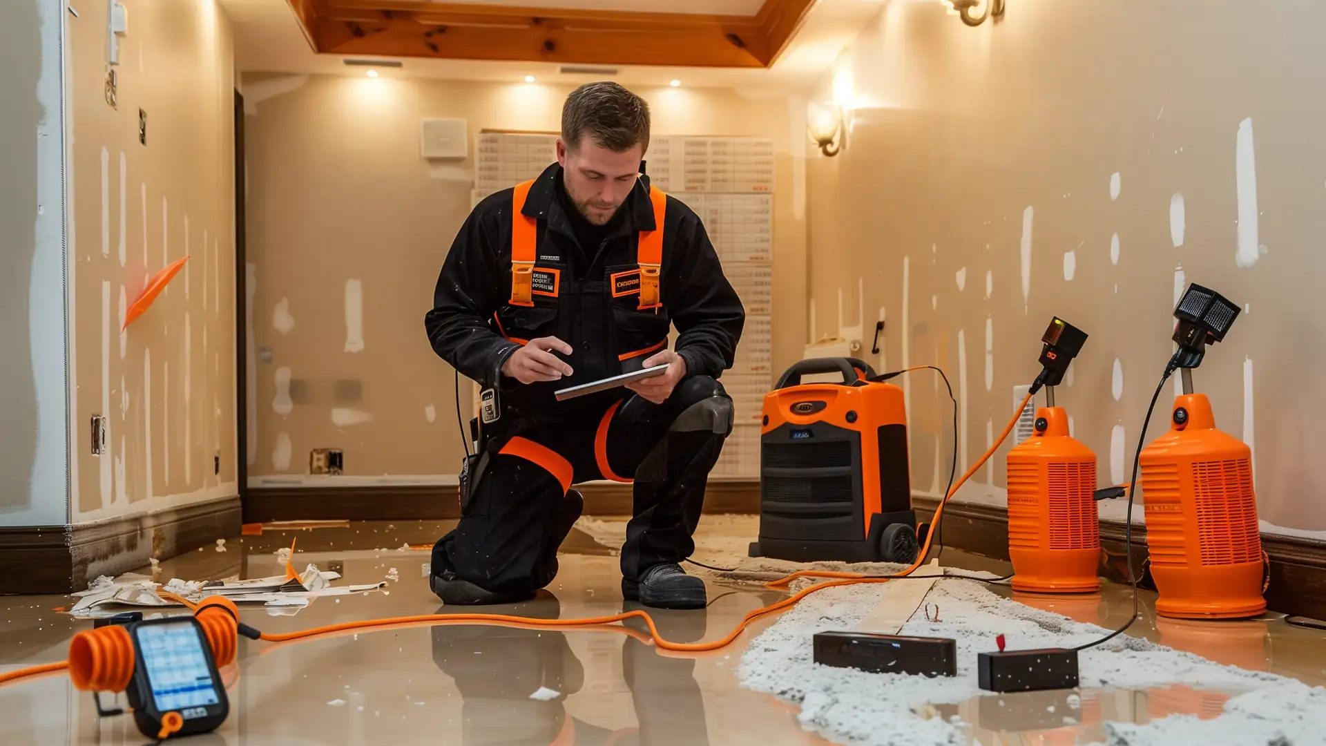 Restoration contractor checking a claim quote on a tablet in a basement drying out after a burst pipe