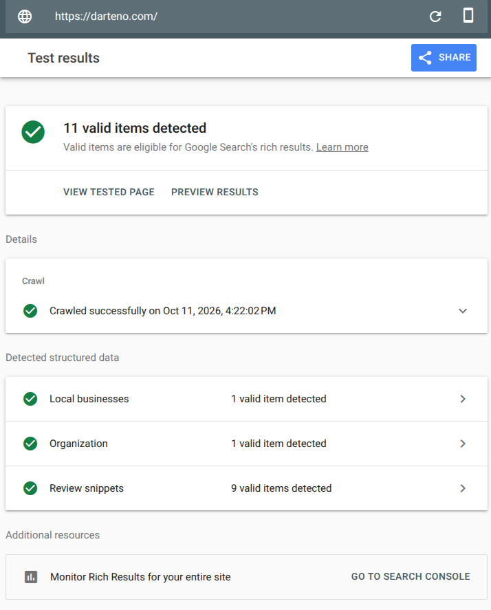 darteno.com 首页的 Google 富媒体搜索结果测试,读取公司信息和九条客户评价,没有错误