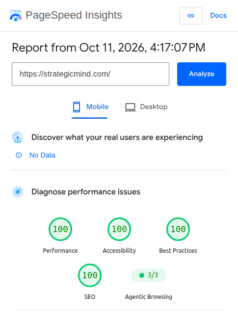 Google PageSpeed Insights mobile report for the strategicmind.com home page scoring 100 in all four categories