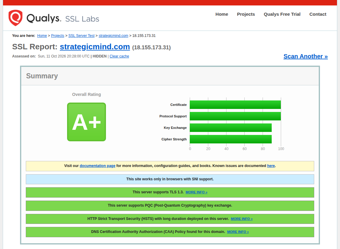 Qualys SSL Labs report giving strategicmind.com an A+ rating for its secure connection